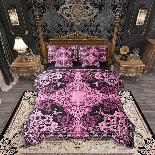 Erosebridal Black Pink Damask King Comforter Set with Sheets 7 Piece Vintage Damask Floral Bed in A Bag Goth Exotic Aesthetics Bedding Sets for Teens Teenager Victorian Baroque Flower Bed Set