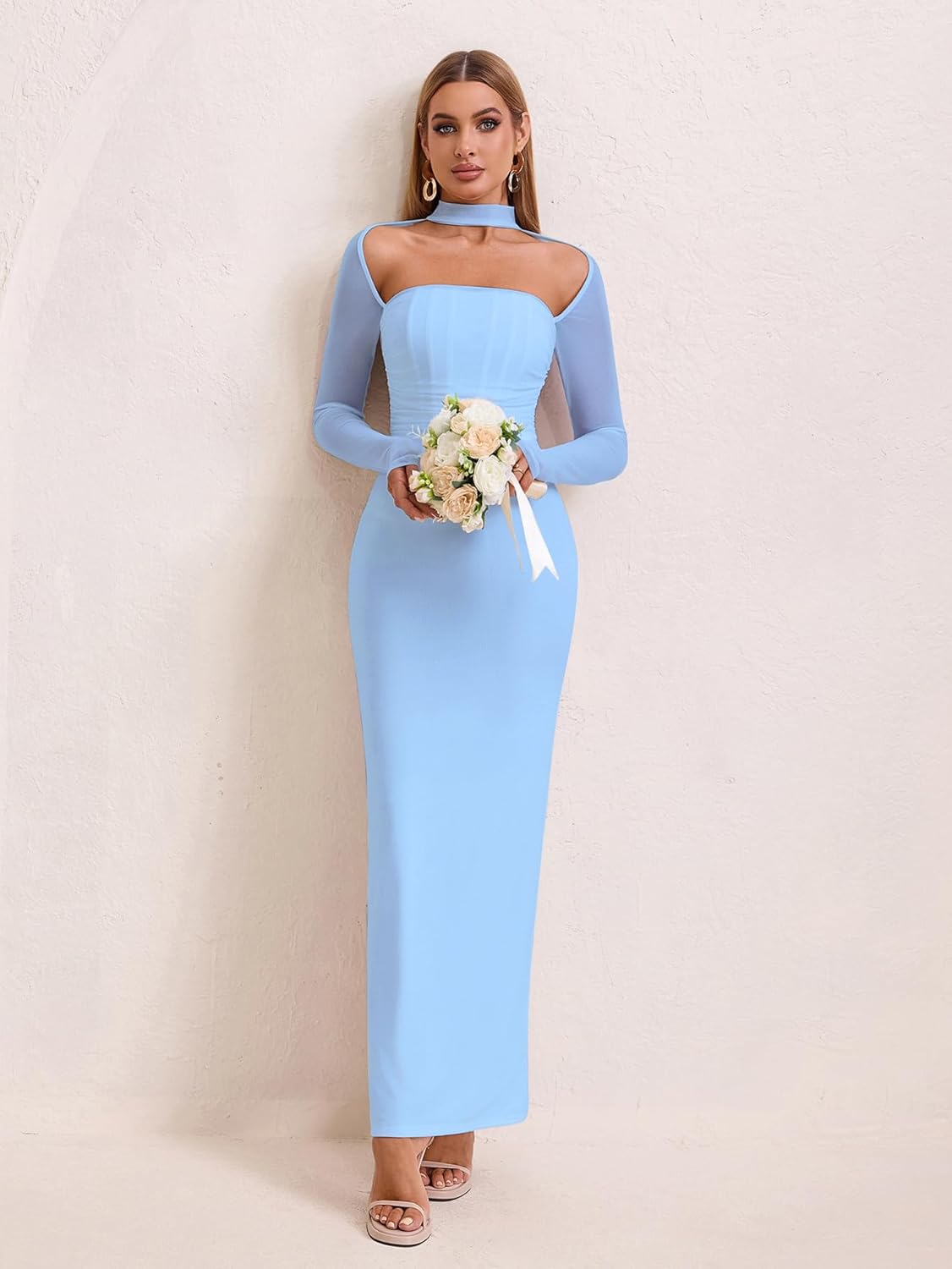 HTZMO Women Long Sleeve Bodycon Maxi Dress Halter Neck Ruched Elegant Wedding Guest Formal Long Dresses - Image 4