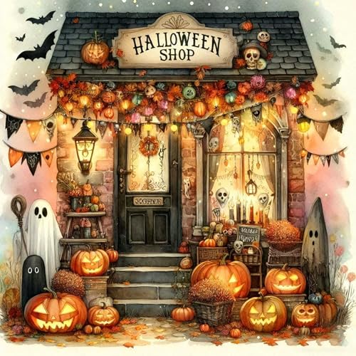 ijbnhd Halloween Shop Diamond Art Kits for Adults 5D DIY Halloween Diamond Painting Kits for Beginners Diamond Dots Kits Shop Gem Arts Crafts for Home Wall Decor 14x14in