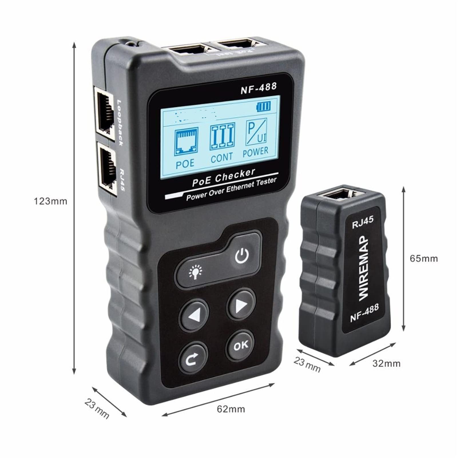Detector de pared, LCD Testador de cables de red LAN Test Poe Checker NF-488 Probador de corriente de voltaje POE en línea con rastreador de cable el Ethernet