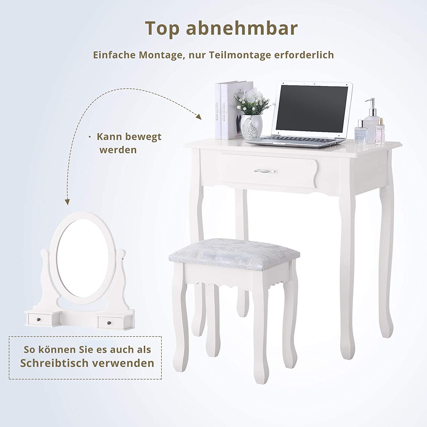 Genérico tocador con espejo y taburete, tocador de mesa con espejo y taburete y 3 cajones, mesa de maquillaje para dormitorio, tocador de niña para almacenamiento (tres cajones)