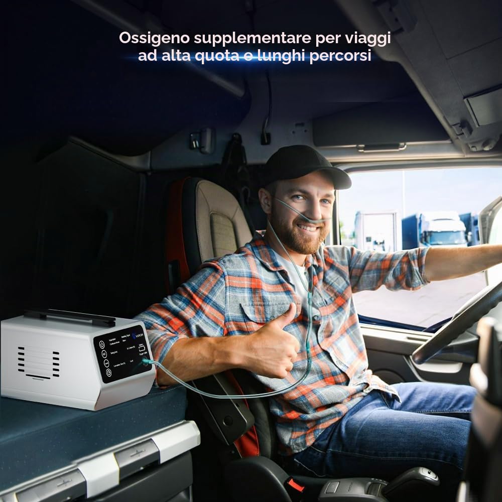 Concentratore di ossigeno portatile 1-5L per auto/viaggio con batteria e borsa, ossigenatore 90% ± 5% con kit completo di accessori