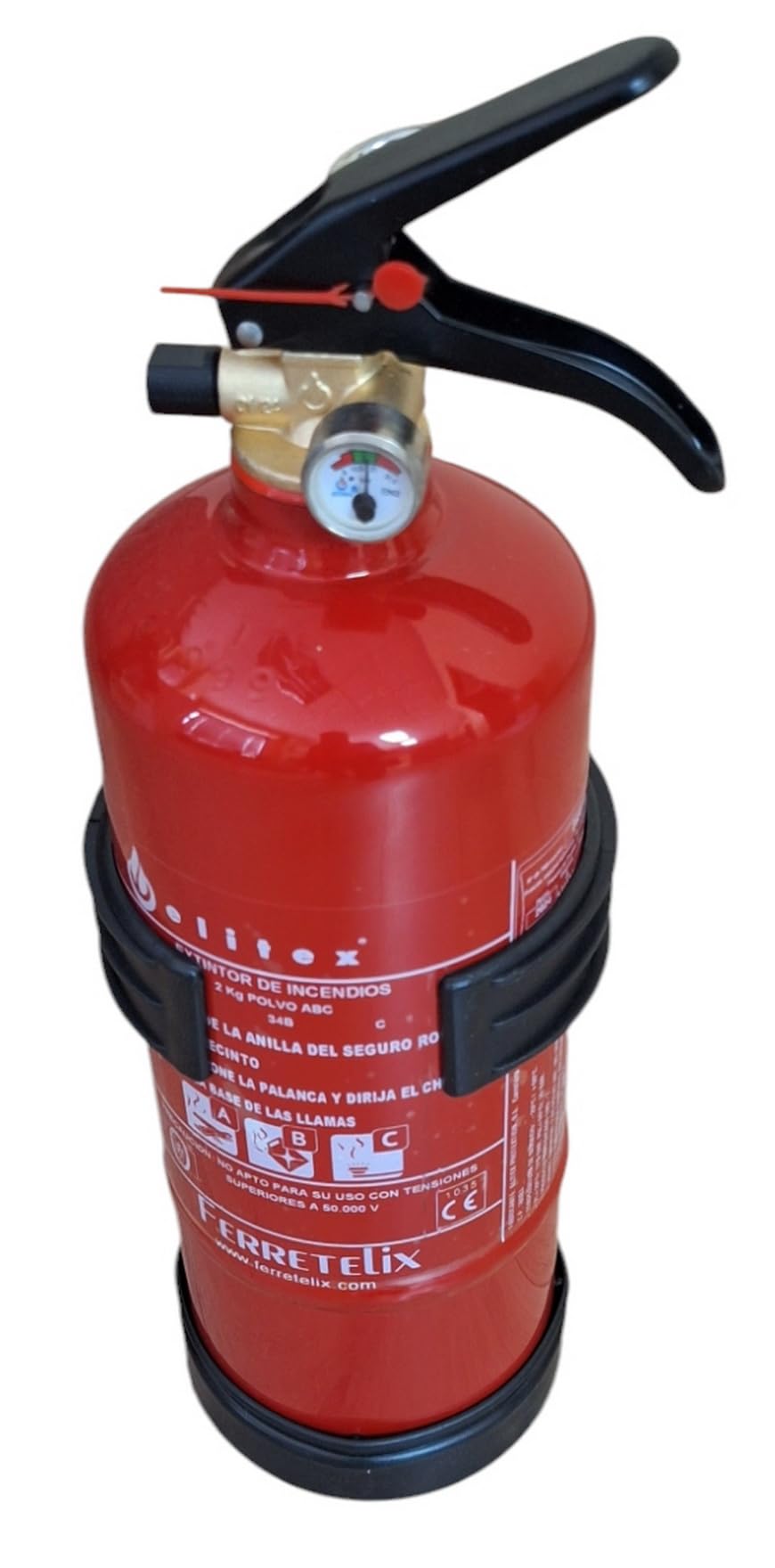 FERRETELIX® Extintor 2 Kg ABC (Eficacia 8A 34B C) + Soporte + Cartel Fotoluminiscente 21x30 cm – Homologado – Fabricado en España – Año 2026