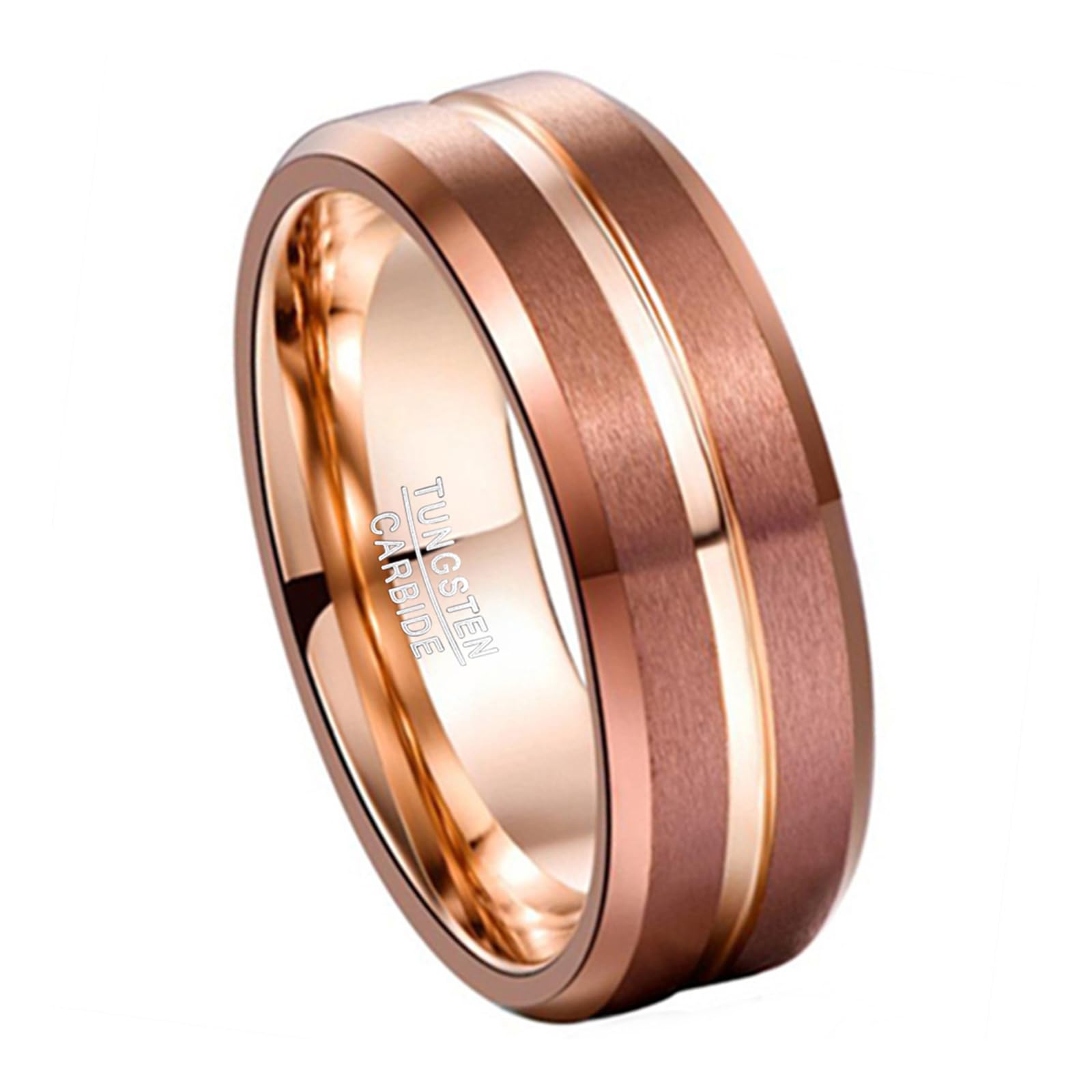 Corato Anillo de carburo de tungsteno marrón de 8 mm con ranura de oro rosa, anillo de compromiso para hombre y mujer, talla 52-72