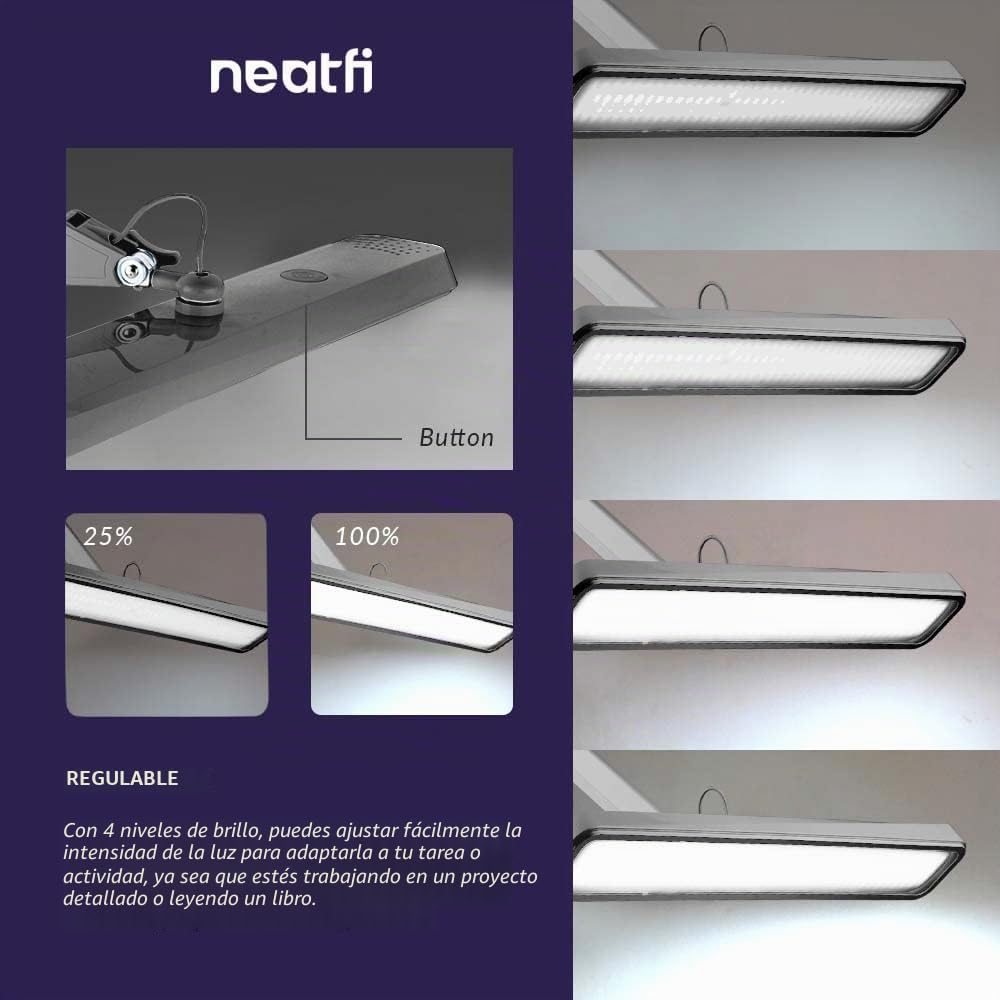 Neatfi Lámpara de Trabajo – 30W, Pantalla de 56 cm de Ancho, 4 Niveles de Brillo, Lámpara LED para Mesa de Manicura, Manualidades y Oficina (Plata, No-CCT con Abrazadera)