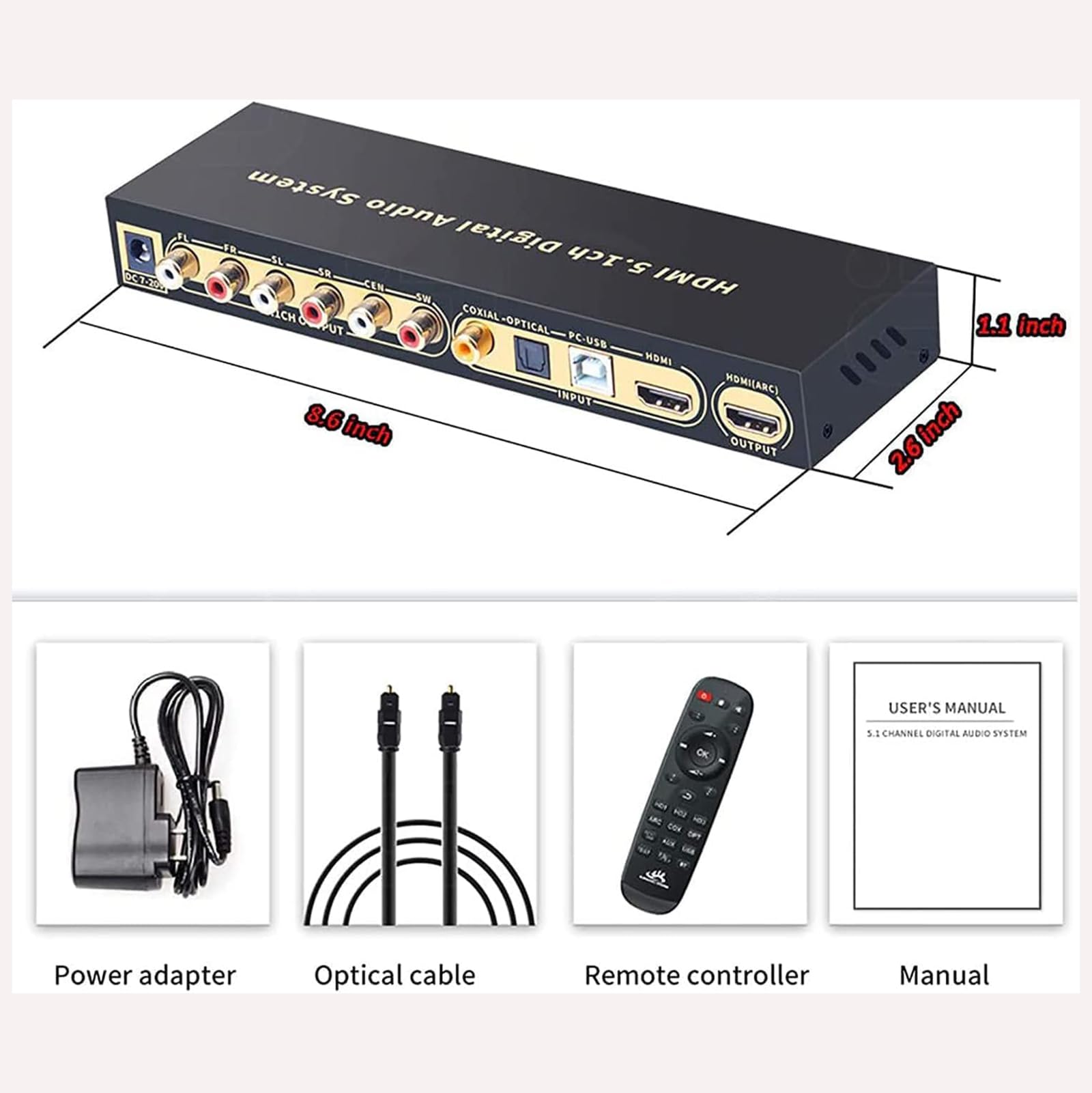 Décodeur De Convertisseur Audio 5.1, Convertisseur Audio Numérique vers Analogique 4K, Sortie Casque 3,5 Mm/Prise en Charge 2.0CH 5.1CH 2.1CH, DAC DTS AC3 FLAC Ape