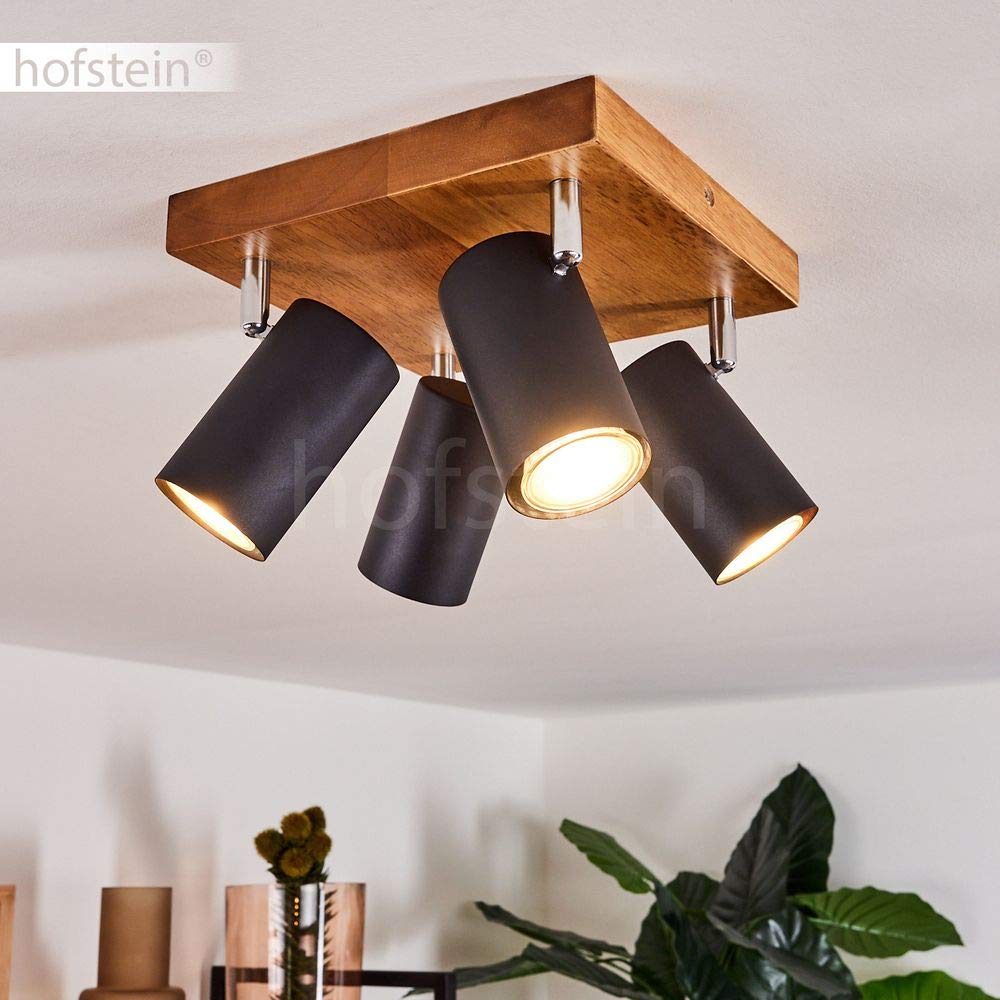 Plafonnier Zuoz en bois & métal noir, spots de plafond rotatifs de style moderne, luminaire idéal dans un salon contemporain, pour 4 ampoules GU10, ampoule(s) non incluse(s)
