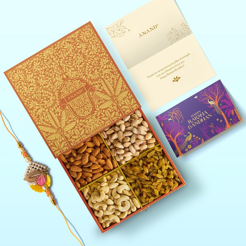 Image of Anand Sweets MOGRA Dry Fruits Wooden Gift Box 400g with Rakhi & Greeting Card Combo | Traditional Indian Festival Hamper | Raksha Bandhan Gift for Brother, Family & Friends | Healthy Treat