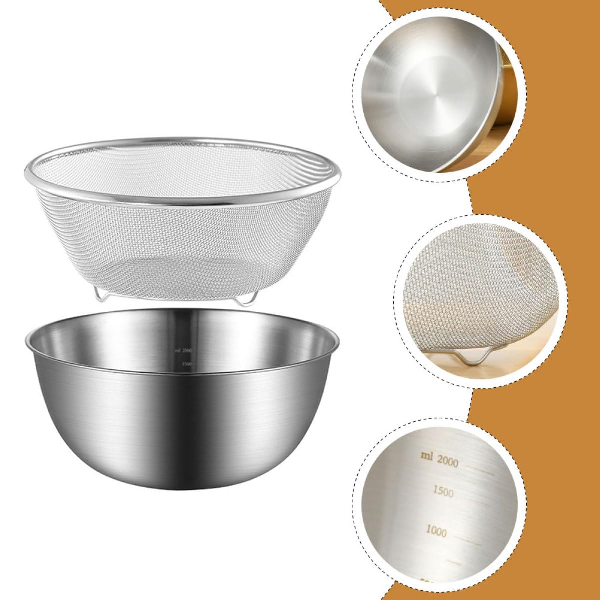 Kichvoe Set Scolapasta in Acciaio Inossidabile a 2 Livelli Cestello per Frutta e Ciotola per Scolatura, Bordi Lisci e Manici Ergonomici per Cucina