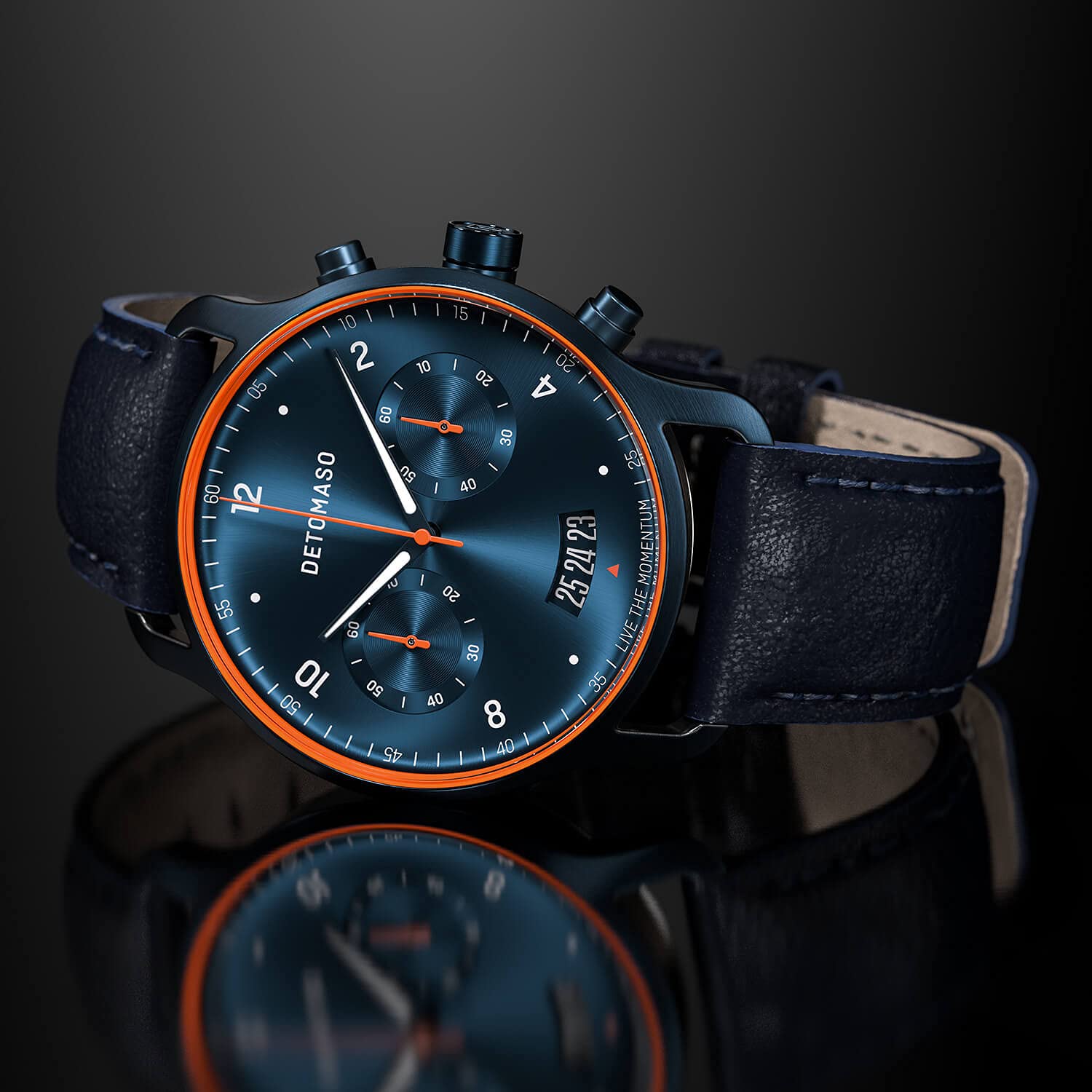 DeTomaso SORPASSO Velocita Blue Orange Herren-Armbanduhr Analog Quarz Lederarmband Blau