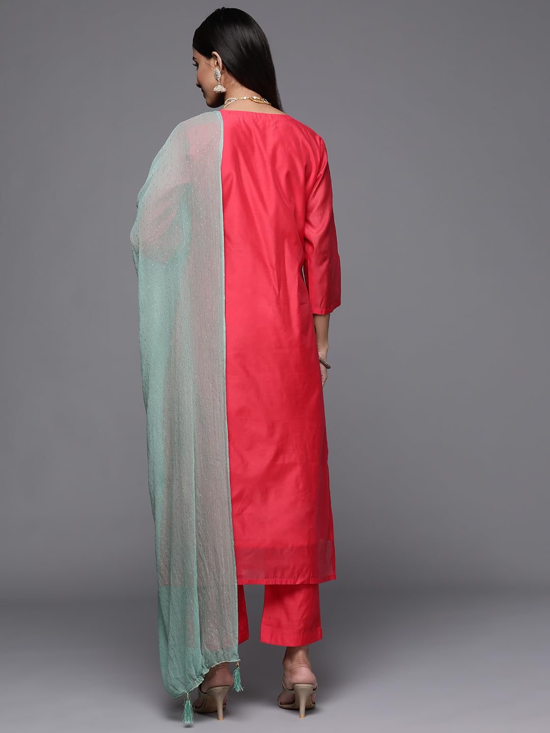 Varanga Pink Embroidered Kurta Paired With Straight Tonal Bottom And Contrast Dupatta