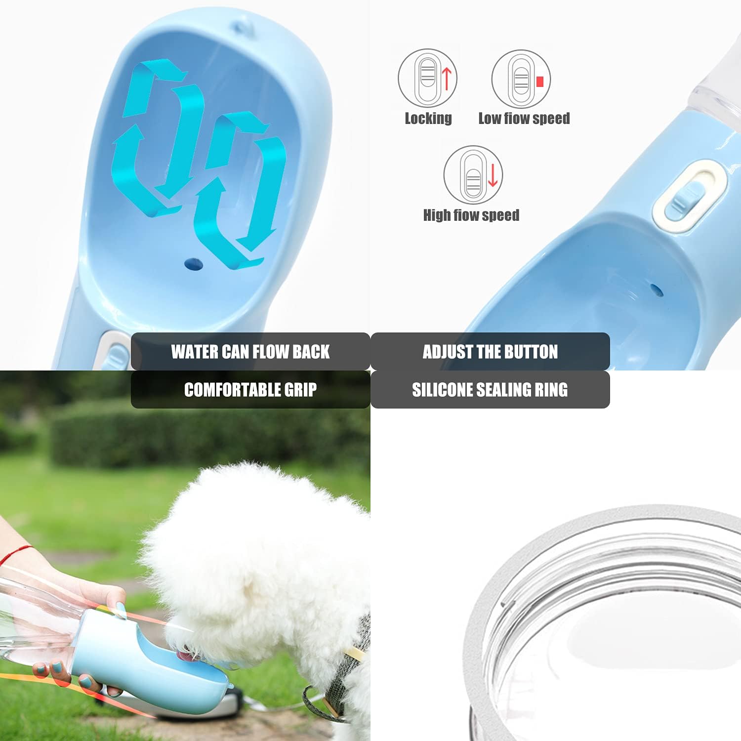 CAACBB Dog Water Bottle for Walking, Water Dispenser, Multifunctional Dog Cat Puppy Feeder Traveling Bowls with Food Container, Lightweight & Convenient Portable Pet Drinking Cup (Light Blue)