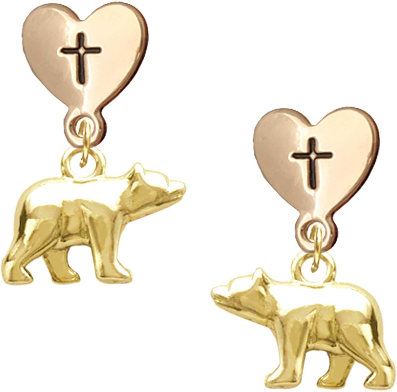 Delight Jewelry 3-D Bear Plated Cross in Heart Post Dangle Earrings