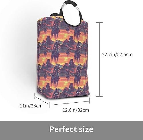 Miniatura 2 de Collapsible Laundry Baskets Organizer - Cyber Retro Western Cowboy Print Canvas Slim Laundry Hamper Bag with Handles, Nursery Kids Baby Dirty