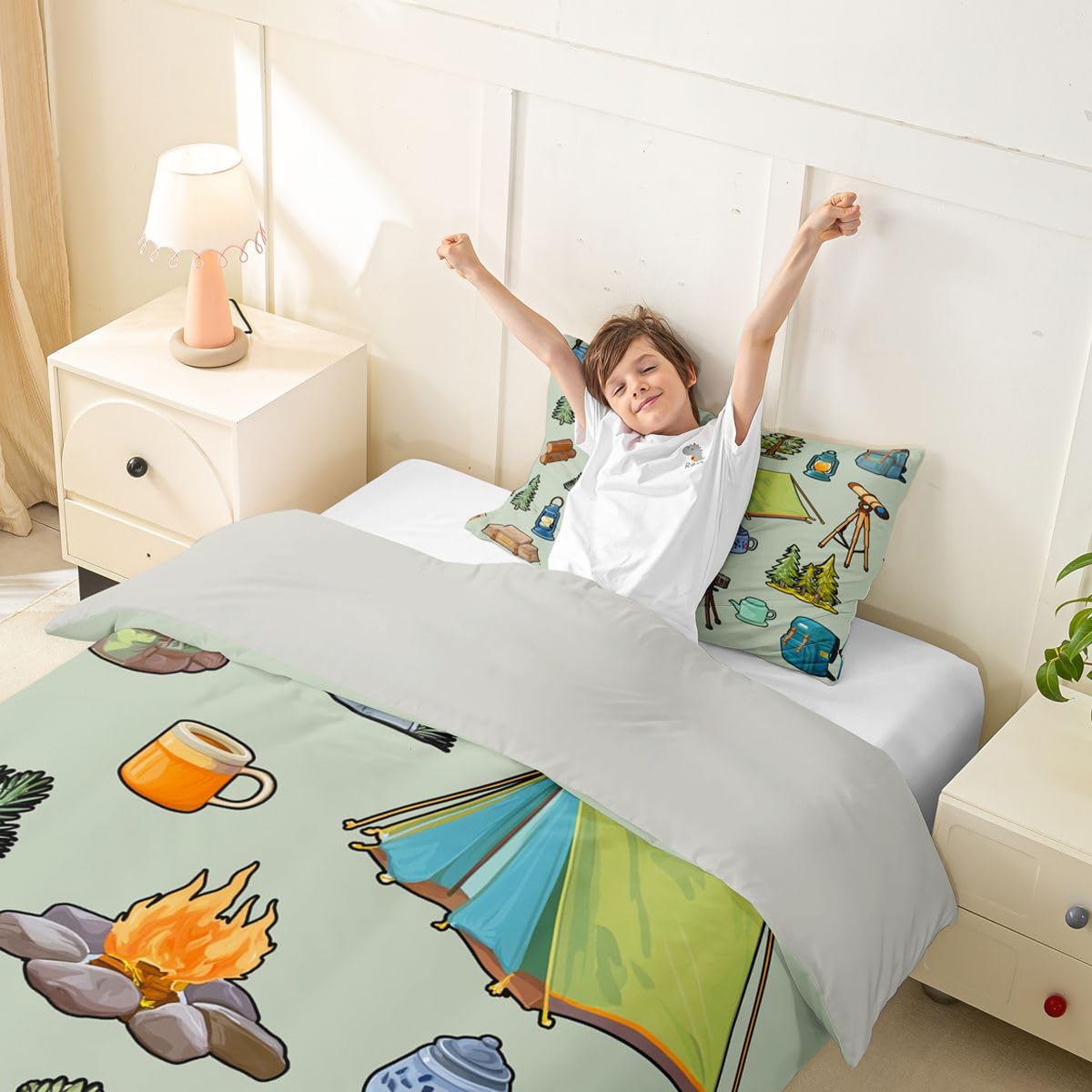 Loussiesd Funda de edredón con temática de campista verde, tamaño Super King, funda de edredón para niños y niñas, accesorios de caravana, juego de ropa de cama, 3 piezas, decoración de habitación
