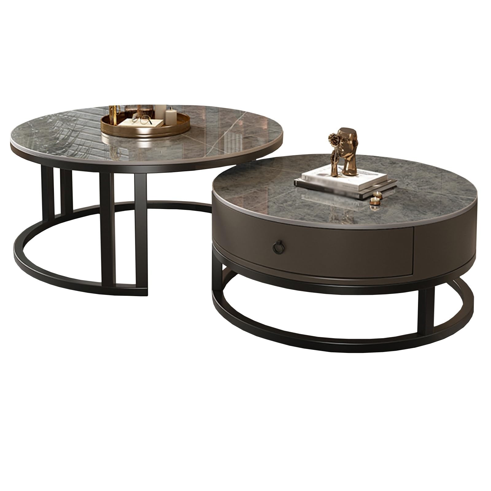 SXZenSpace Nesting Coffee Table Set of 2, Round Tables for Living Room with Drawer, Modern Side Metal Frame Accent, Room, Apartment(Gray)