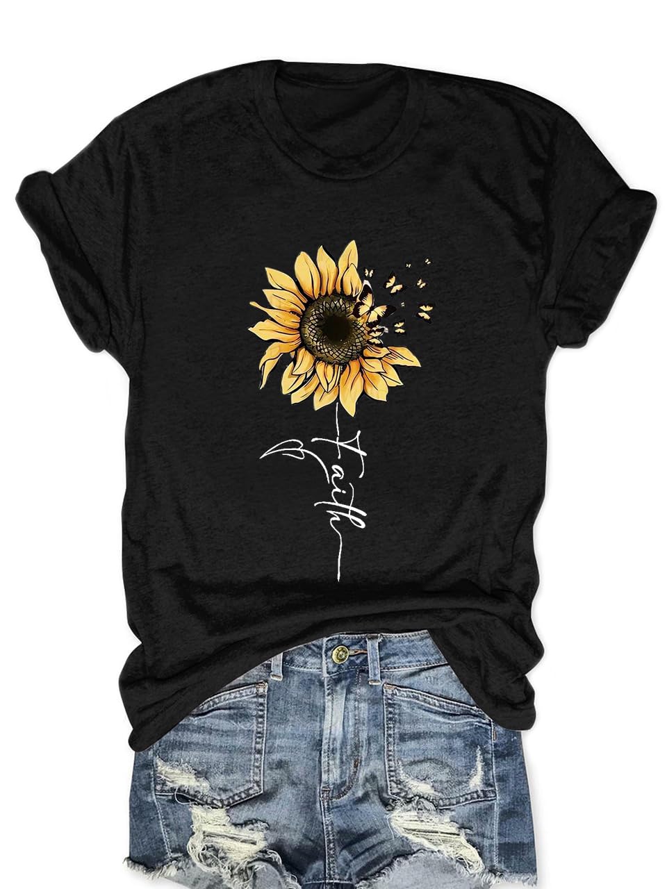 COSYOUNGERSunflower Shirts for Women Faith Graphic Tees Short Sleeve Loose Fit Butterfly Teen Girls T Shirt Summer Tops