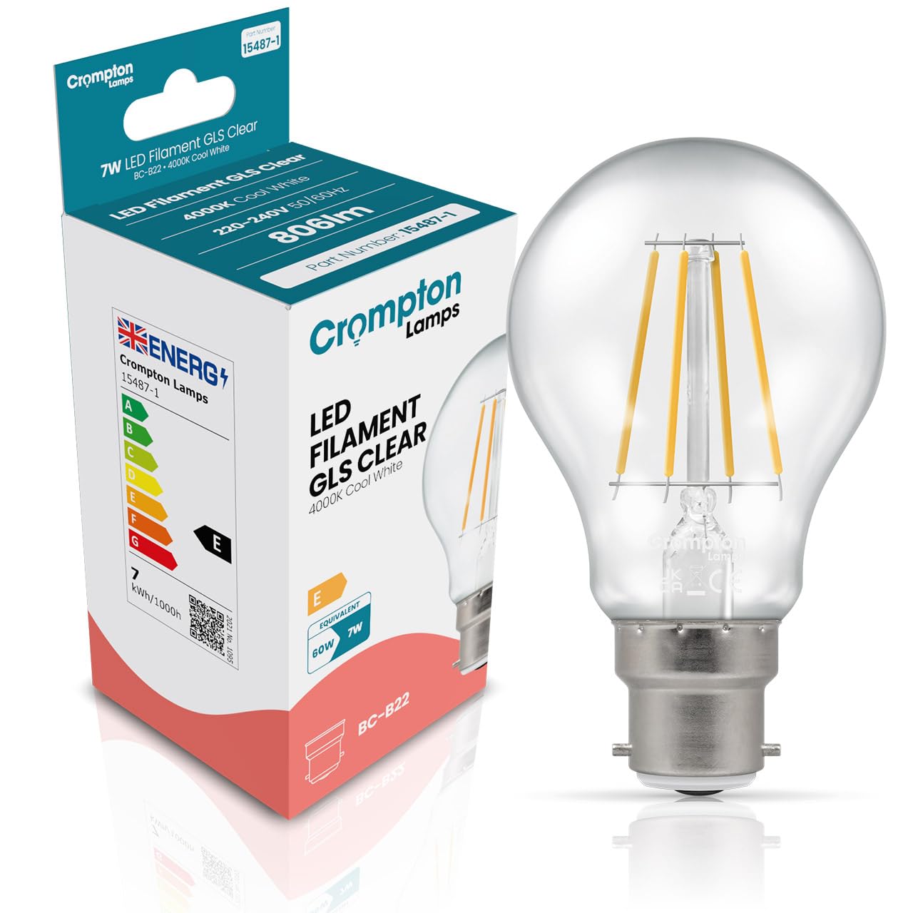 Crompton Lamps Filament GLS LED Light Bulb BC-B22d | 7W = 60W Equivalent | Cool White 4000K | Energy Efficient | Bayonet Lightbulb | Long Life 15000-Hrs | Clear Glass | Dimmable