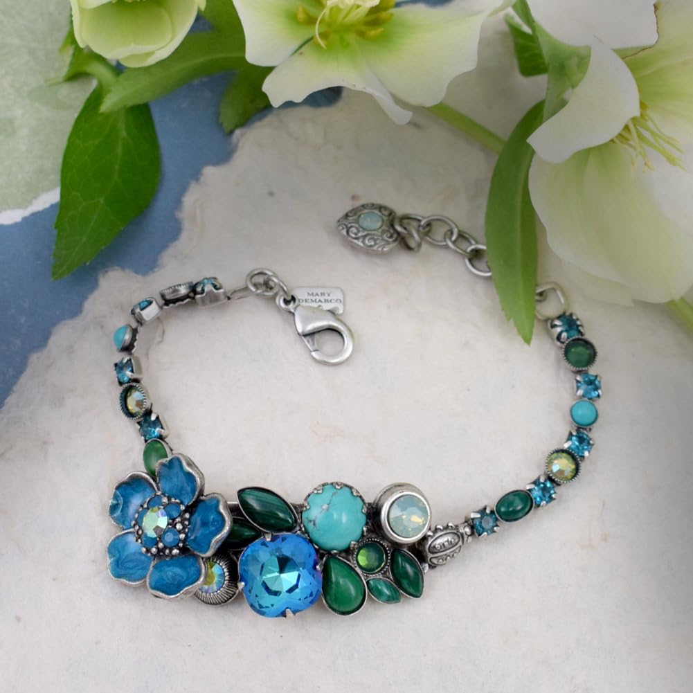 Jardin de Bleu Bracelet: Pewter, Austrian Crystal and Enamel Flower, Made in the USA, Adjustable 6.75 to 8 Inches
