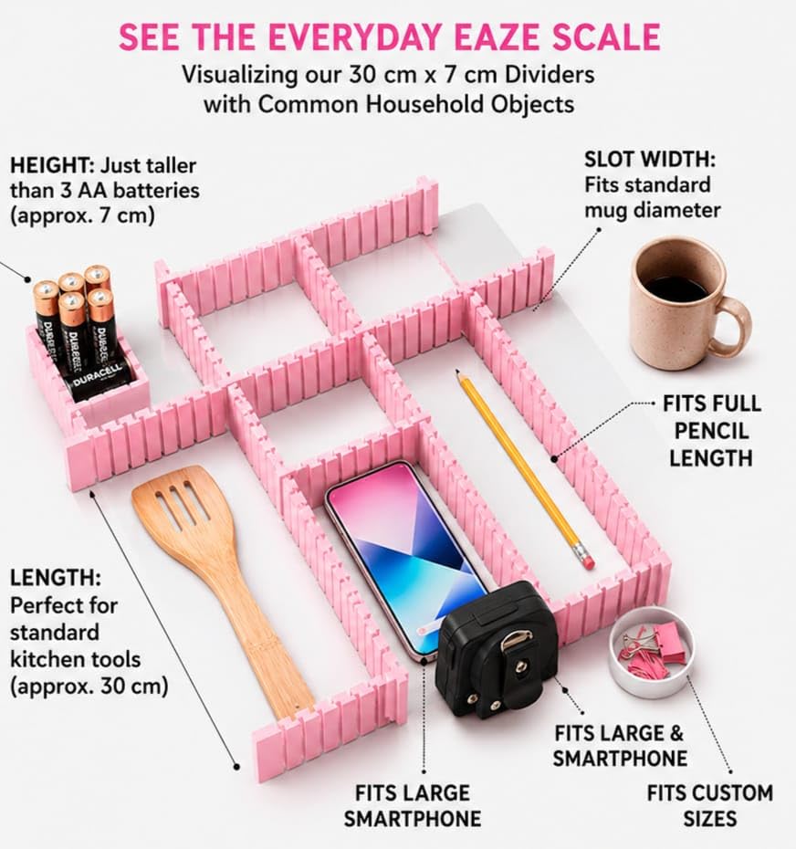 Image of 6 pcs Adjustable Drawer Divider (Length 30 C.M. Width 7 C.M) Drawer Organizer for Makeup, Jewellery & clothes - Interlocking Plastic Separators for Home & Office Use [ pink ]