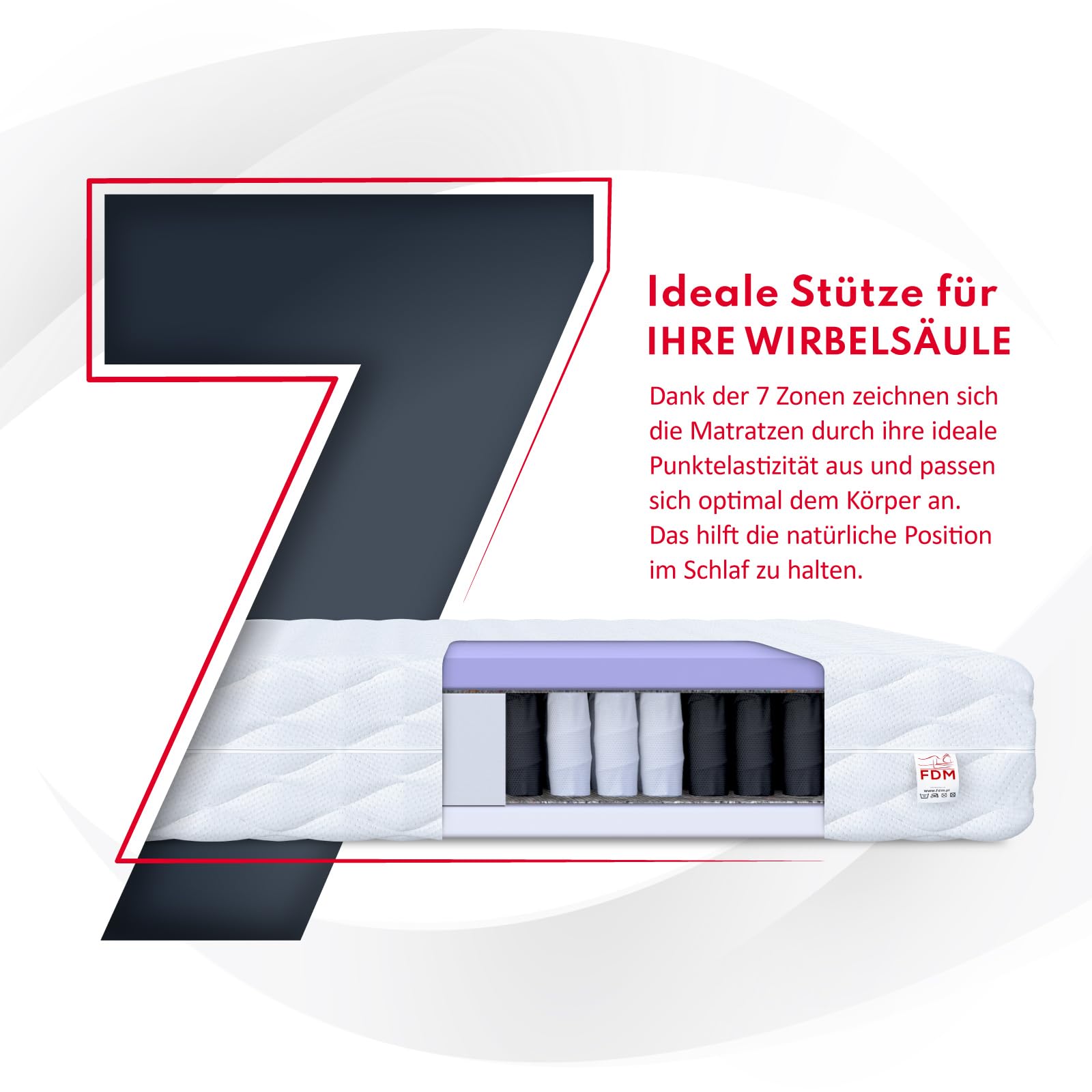 FDM Matratze 180x200 cm Härtegrad H2 H3 Höhe 23 cm Taschenfederkernmatratze Polyurethan-Schaum 7 Komfortzonen mit Hypoallergenem Waschbarem Jersey Bezug Oeko-Tex Mariner