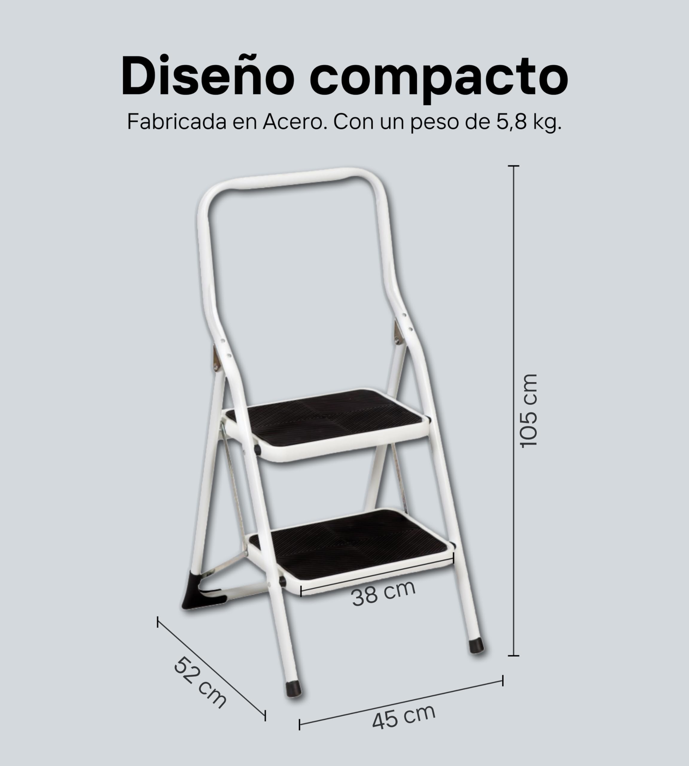 Escalera Plegable de Acero 2 Peldaños Extra Anchos - Fabricado en Europa - 2 Brochas de Regalo | Seguridad Mejorada, Antideslizante, Robusta, Fácil Almacenamiento