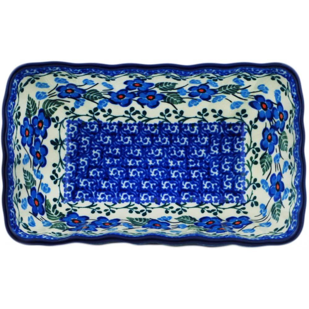 Authentic Polish Pottery Mini loaf pan in Blue Blossom Design Handmade in Boles?awiec Poland by Ceramika Artystyczna + Certificate of Authenticity