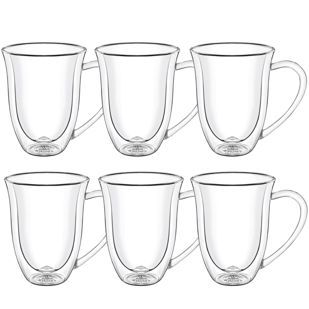 Wilmax - Thermogläser mit Henkel - 6er Set - 400ml - Doppelwandige Gläser für Wasser, Tee, Kaffee - Teegläser & Kaffeegläser - Becher für Heiß- und Kaltgetränke - Spülmaschinenfest