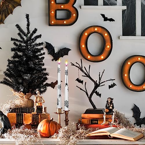 Image of Halloween Decoration Flameless Taper Candles with Remote Timer, Battery Operated LED Halloween Candles Flickering with Spider Web Pattern for Halloween Decor(4 Pack)