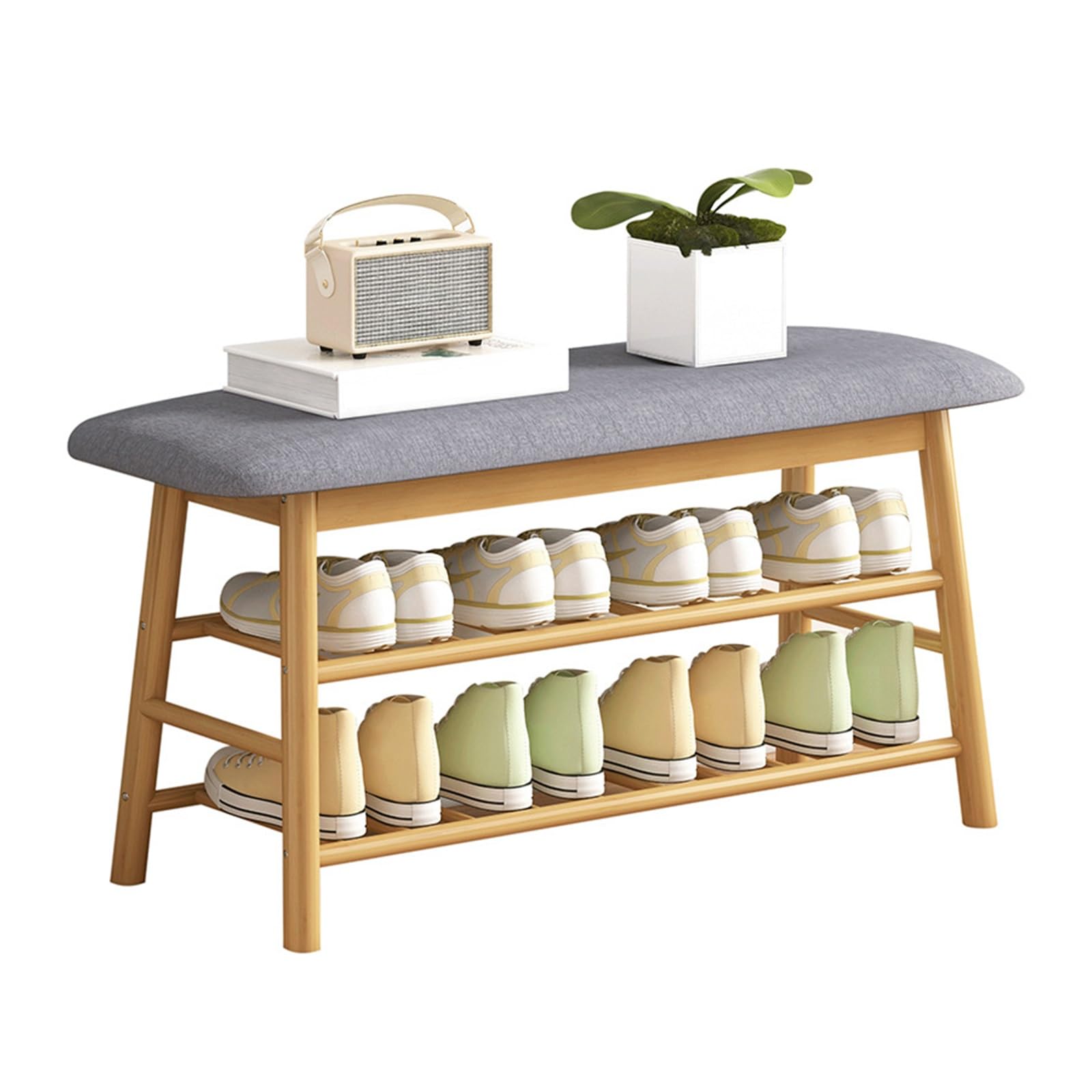 Banc à chaussures en bambou 3 niveaux avec coffre et coussin 70 cm
