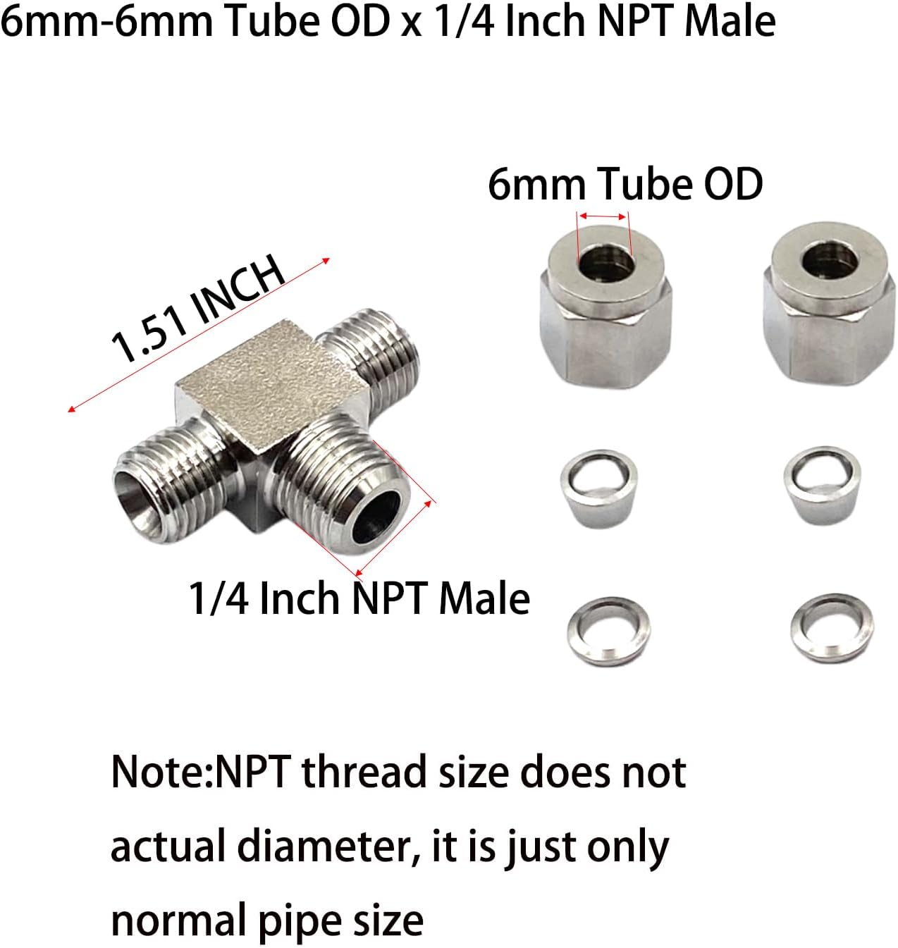 1 Pcs Stainless Steel 6mm Tube OD x 1/4 Inch NPT Male Thread Compression Tube Tee Fittings for Fuel, Oil, Gas, Water and Other Pipeline Systems