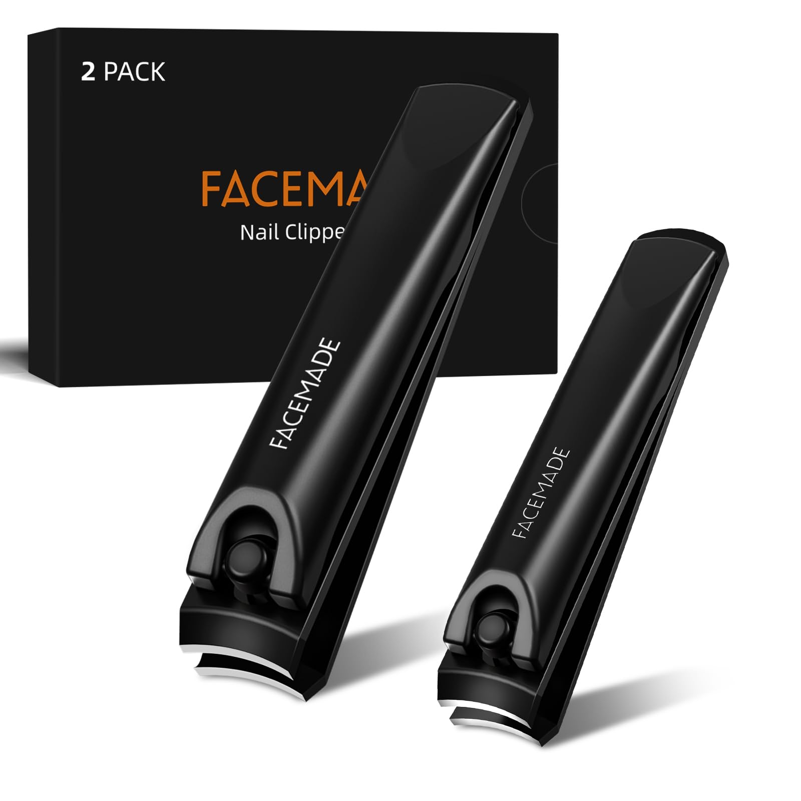 FACEMADE Nail Clippers Set - 2 Pack Premium Sharp Stainless Steel Fingernail & Toenail Clippers with Sturdy Travel Tin Case, Professional Manicure Kit Fingernail Tools for Nail Care (Black)