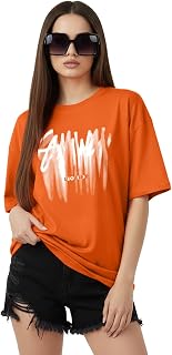 LEOTUDE Cottonblend Half Sleeve Oversized Tshirt for Women, Round Neck Longline Printed Chest Drop Shoulder Baggie T-Shirt... Price In India