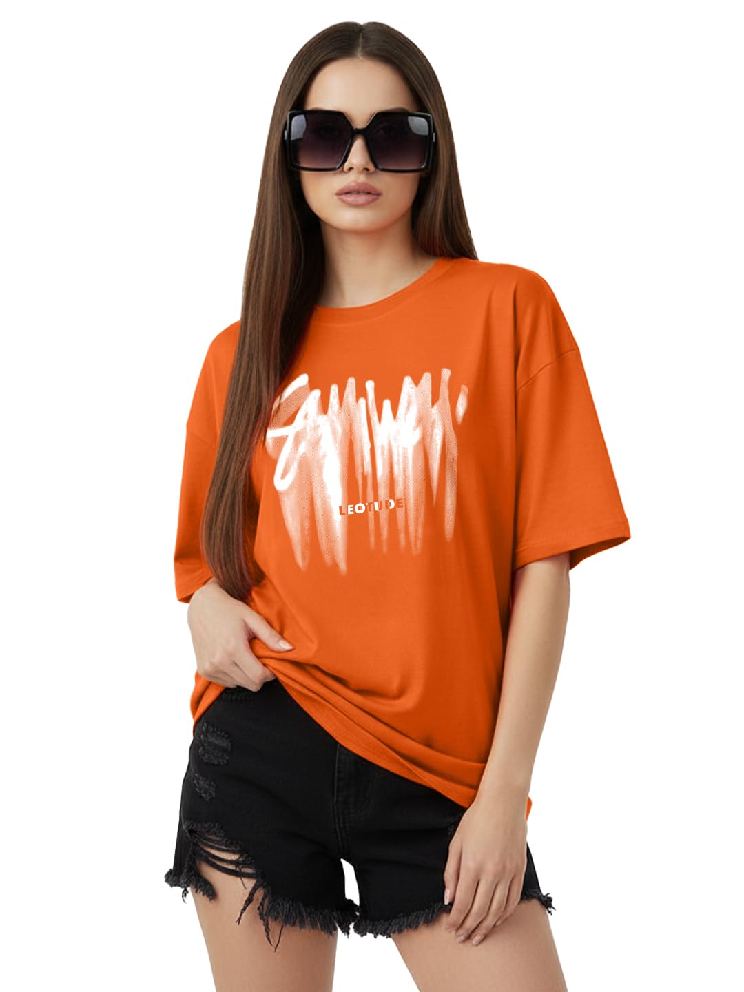 Cottonblend Half Sleeve Oversized Tshirt for Women, Round Neck Longline Printed Chest Drop Shoulder Baggie T-Shirt Top for Womens (Color Orange)