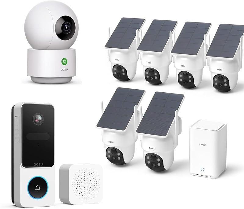 aosu Whole-Home Security Bundle – 6-Cam Wireless Outdoor Kit + Smart Video Doorbell + 2K Indoor Baby/Pet Monitor, No Subscription, Local Storage, Compatible with Alexa & Google Assistant