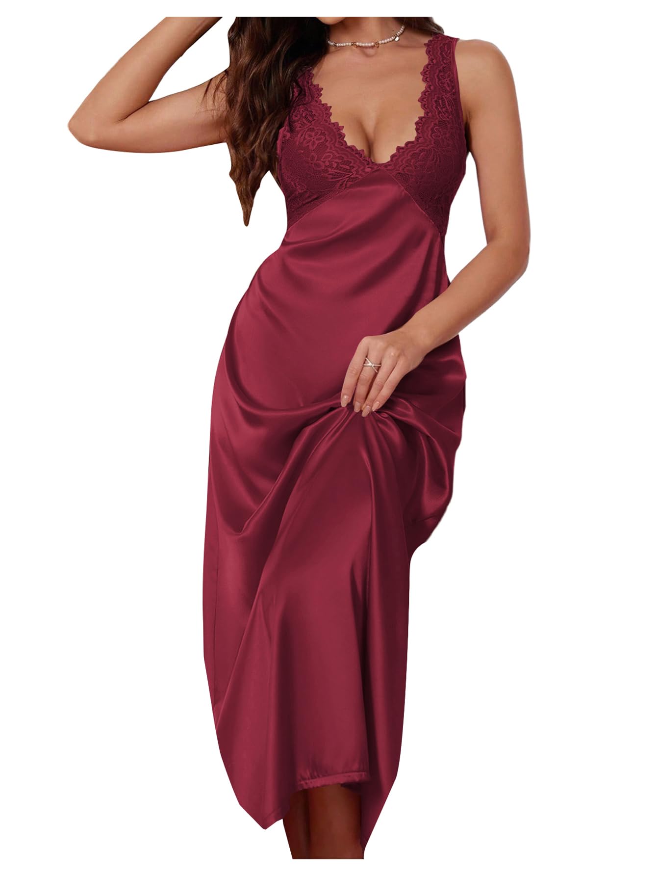 Photo 1 of WDIRARA Women's Lace Backless Sexy Long Satin Sleepwear Deep V Neck Sleeveless Nightgown Burgundy Small
