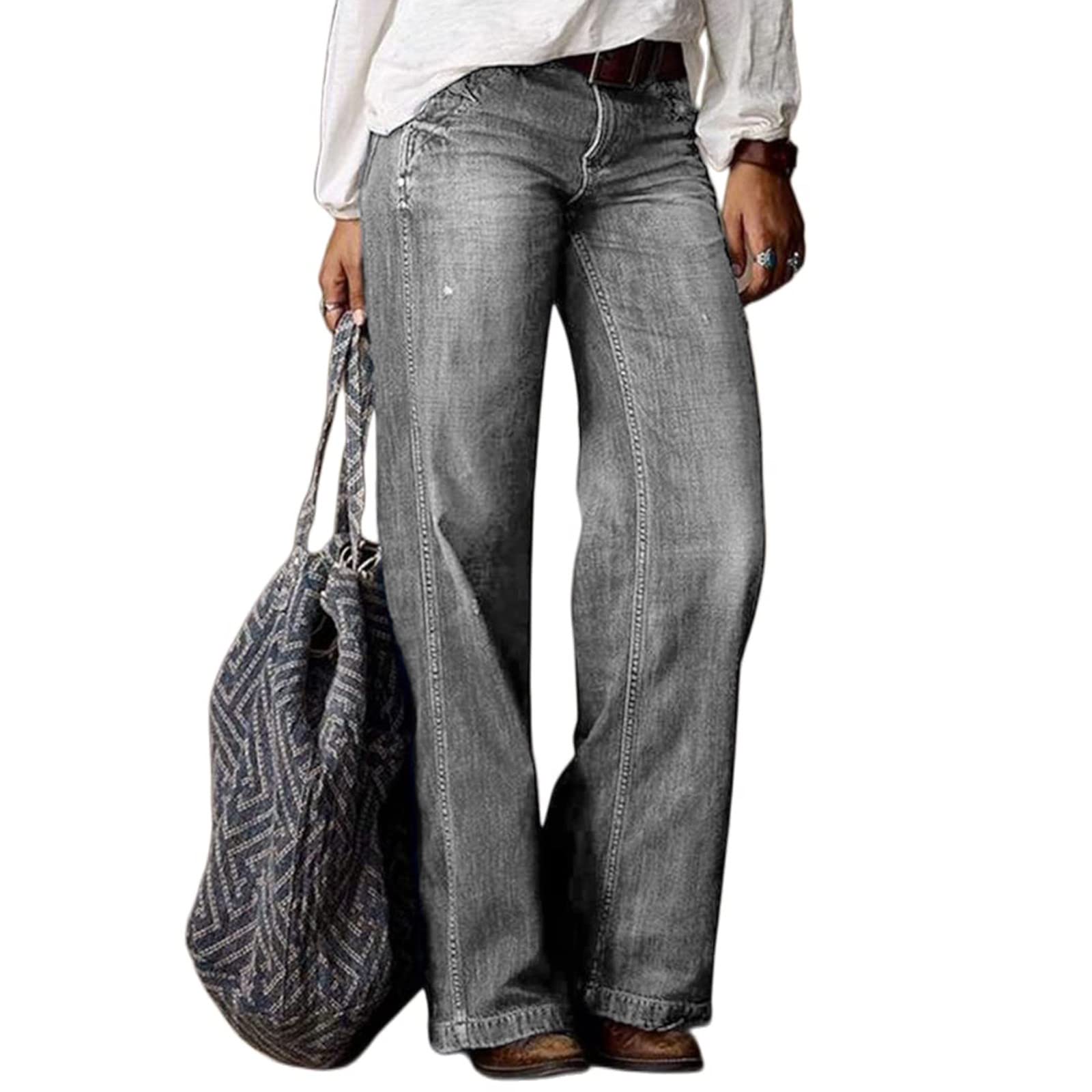 Generisch Wide Leg Jeans da donna dritti elasticizzati, per il tempo libero, a vita alta, eleganti, vintage, Y2K, Streetwear, basic casual, grandi dimensioni, pantaloni da jogging, pantaloni da donna