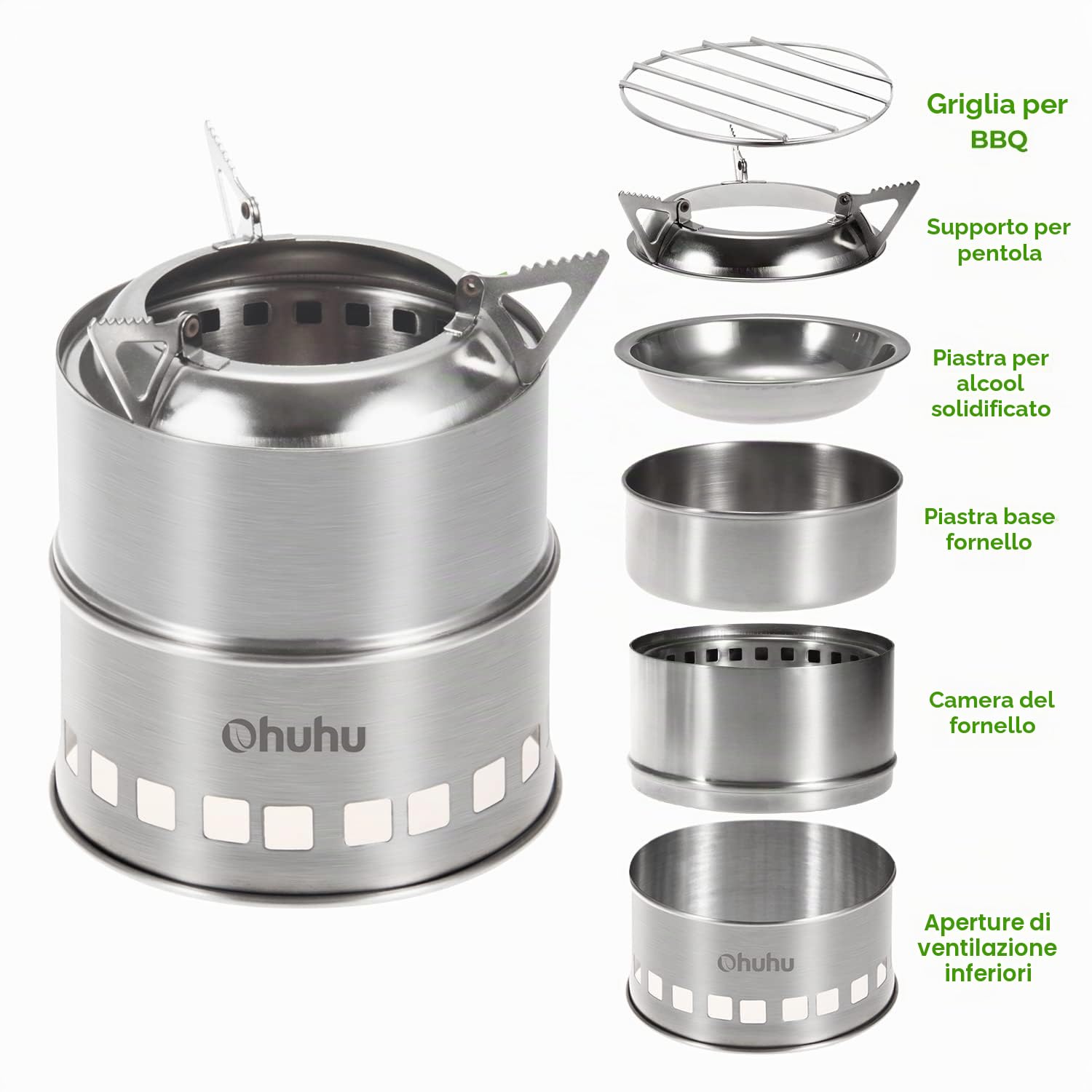 Ohuhu Rocket - Fornello da campeggio leggero in acciaio inox, a base di alcool, portatile, per cucinare all'aperto, picnic, barbecue, escursionismo, con borsa a rete