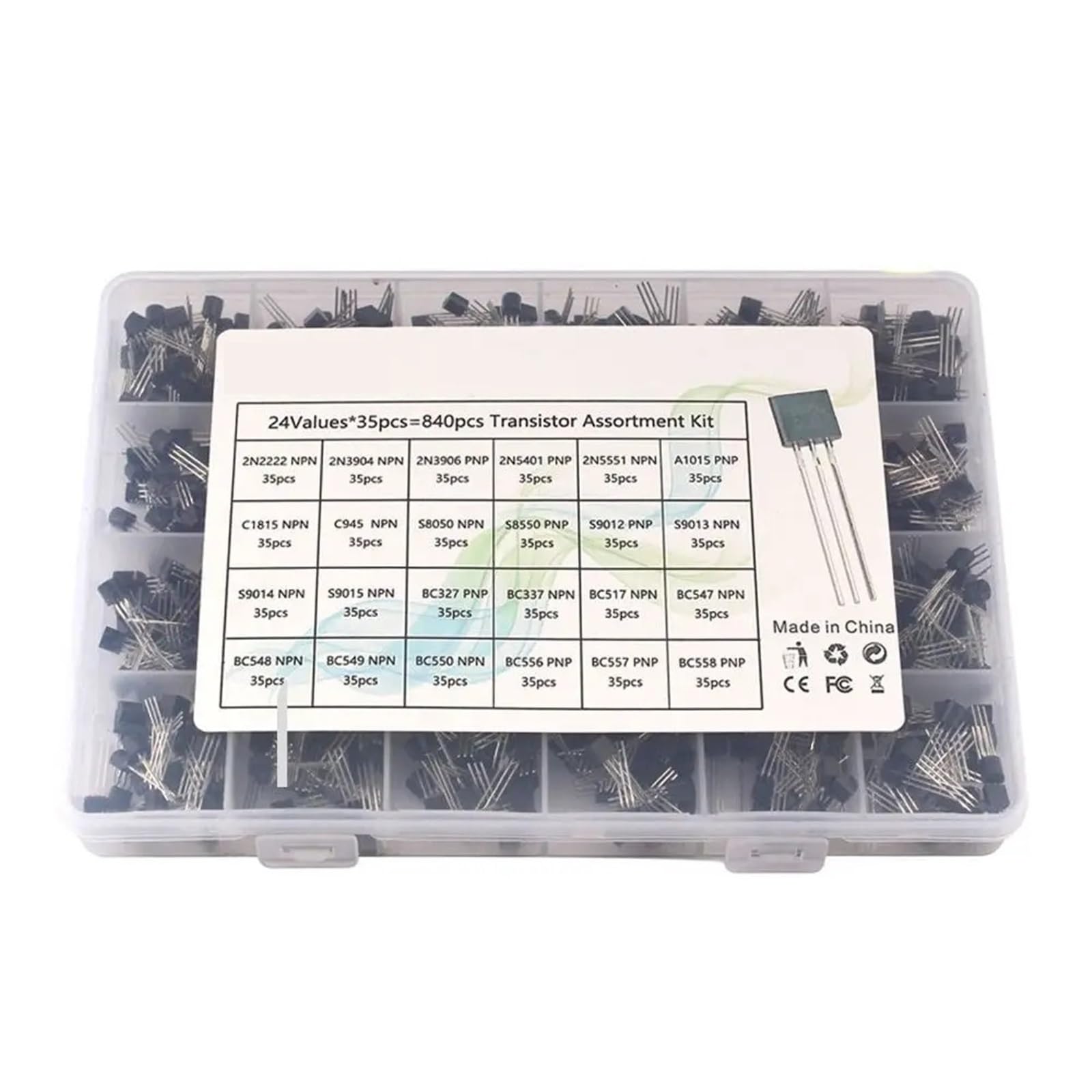 200-900PCS TO-92 Transistor Kit assortimento Scatola BC547 BC327 BC337 2N2222 3904 3906 C945 PNP/NPN Transistor Set Kit Elettronica(24Values-840pcs)