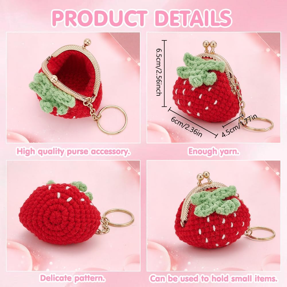 ORIGACH Crochet Strawberry Coin Purse Kit for Beginner Adults, 2 Set Kiss Lock Wallet Starter Crochet Kit with Step by Step Video Tutorial, Instruction, Yarn, Hook, Accessories