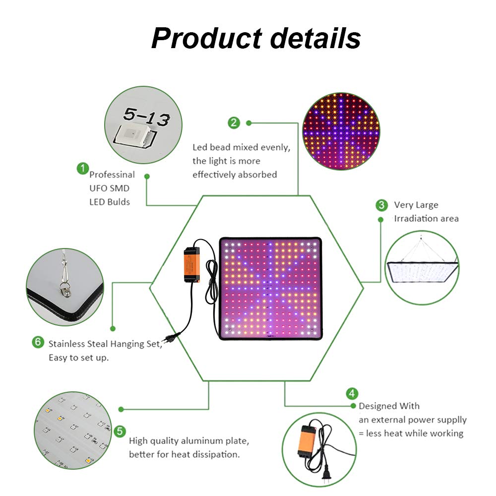 1000W Lampe LED Horticole Croissance Floraison 225 LEDs Grow Light Panneau LED Culture Indoor Spectre Complet Lampe Croissance Plante avec Crochet de Suspension pour Plante Croissance d'intérieur (03)