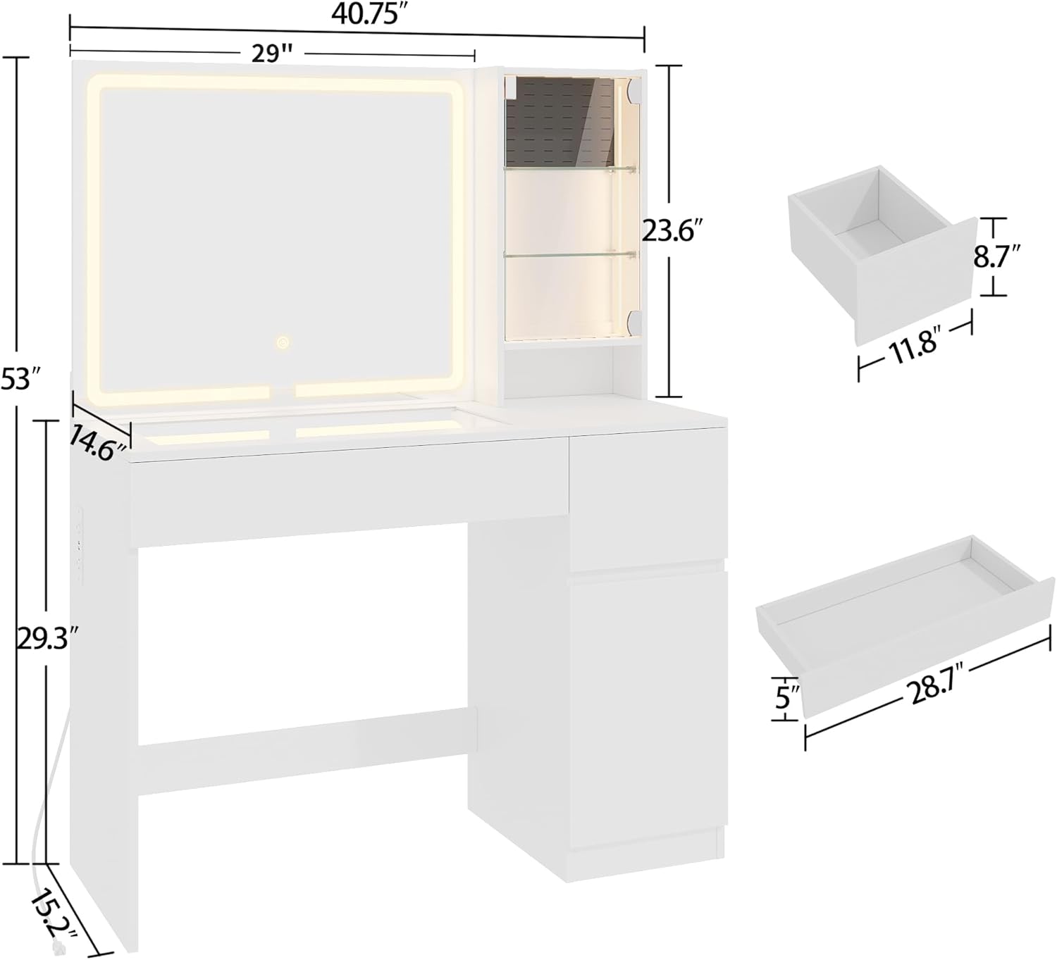 wanan Vanity with Glass Top, White Vanity Desk with Mirror and Lights, Jewelry Storage, Power Outlet, 3 Adjustable Lighting Modes, Makeup Vanity with 2 Drawers for Bedroom