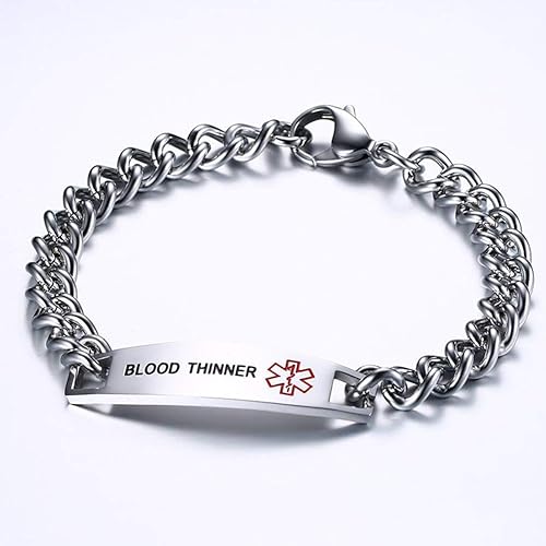 Miniatura 3 de TTVOVO Pulseras de identificación de alerta médica para hombres y mujeres, de acero inoxidable SOS, pulseras médicas de emergencia, cadena de