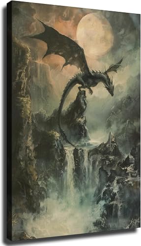 Dragon Wall Art, Fantasy Oil Painting Print, Dark Moody Framed Poster, Antique D