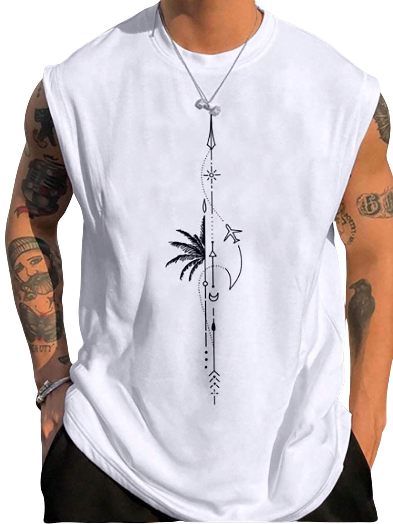 sxv style Men's Sleeveless T-Shirt with Palm Tree Arrow Graphic Print, White, Casual Tank Top-picture-32