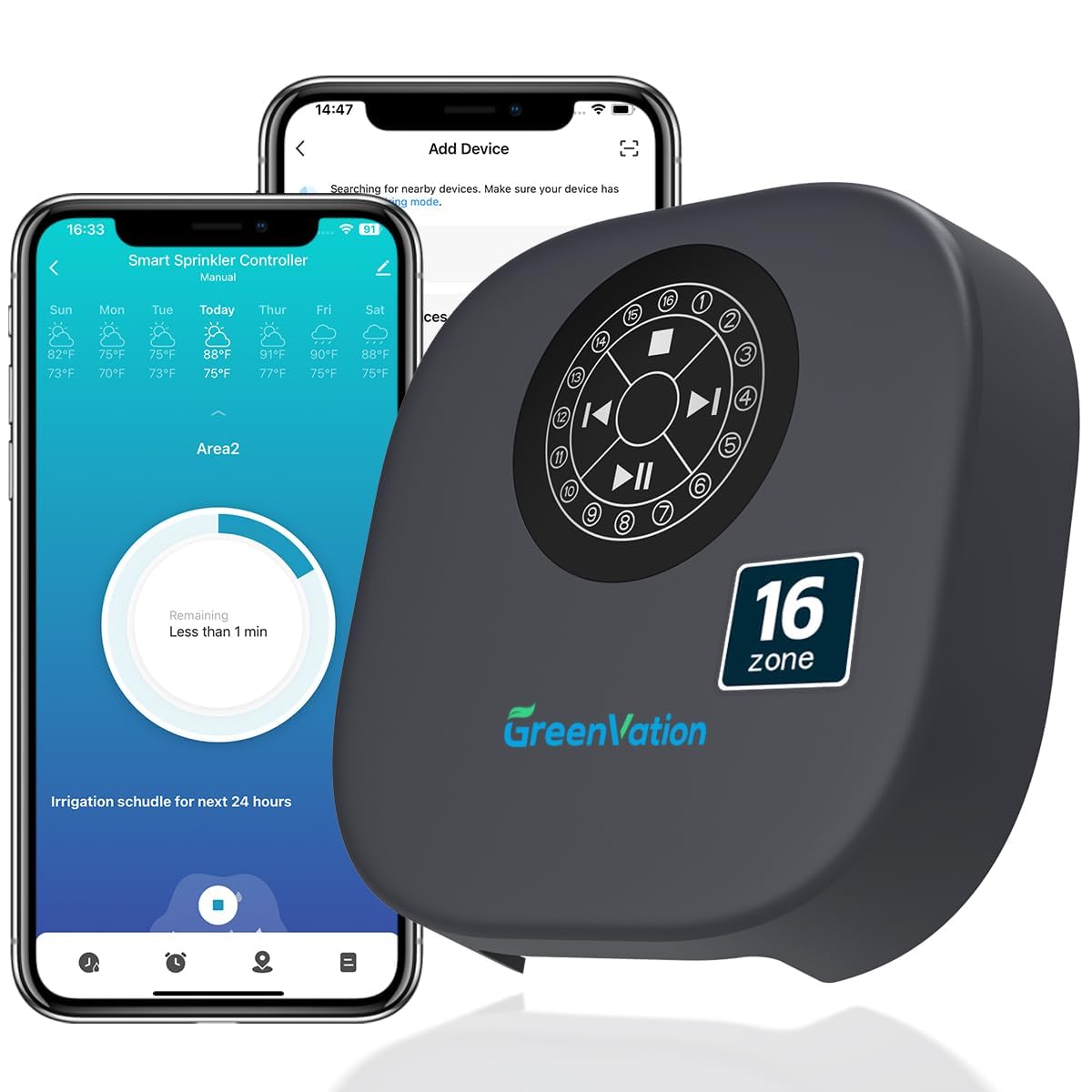 Smart Sprinkler Controller, 16-Zone/Station Irrigation System with APP Remote Control, GreenVation 2.4G/5GHz WiFi Water Timer for Outdoor Garden/Yard/Lawns