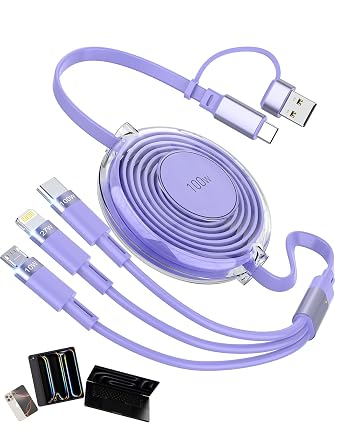 100W 5-in-1 Retractable Multi Charging Cable, 5A Fast Charging Cables for Multiple Devices with Lightning/Type C/Micro USB Ports,USB Multi Charger Cords for iPhone 17 16 15 14, iPad, MacBook Purple