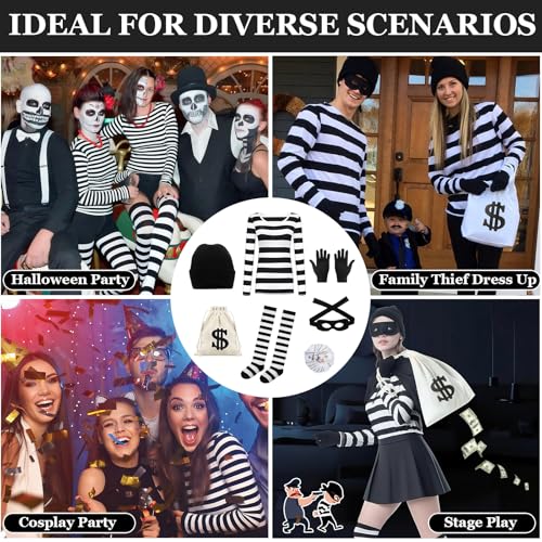 Disfraz de Ladron Mujer, Conjunto De Disfraz Ladrón Adulto Incluye Camiseta Rayas Blancas y Negras, Gorro Ladrón, Antifaz, Calcetines y Bolsa Lona Dinero, Ideal para Cosplay Halloween Carnaval