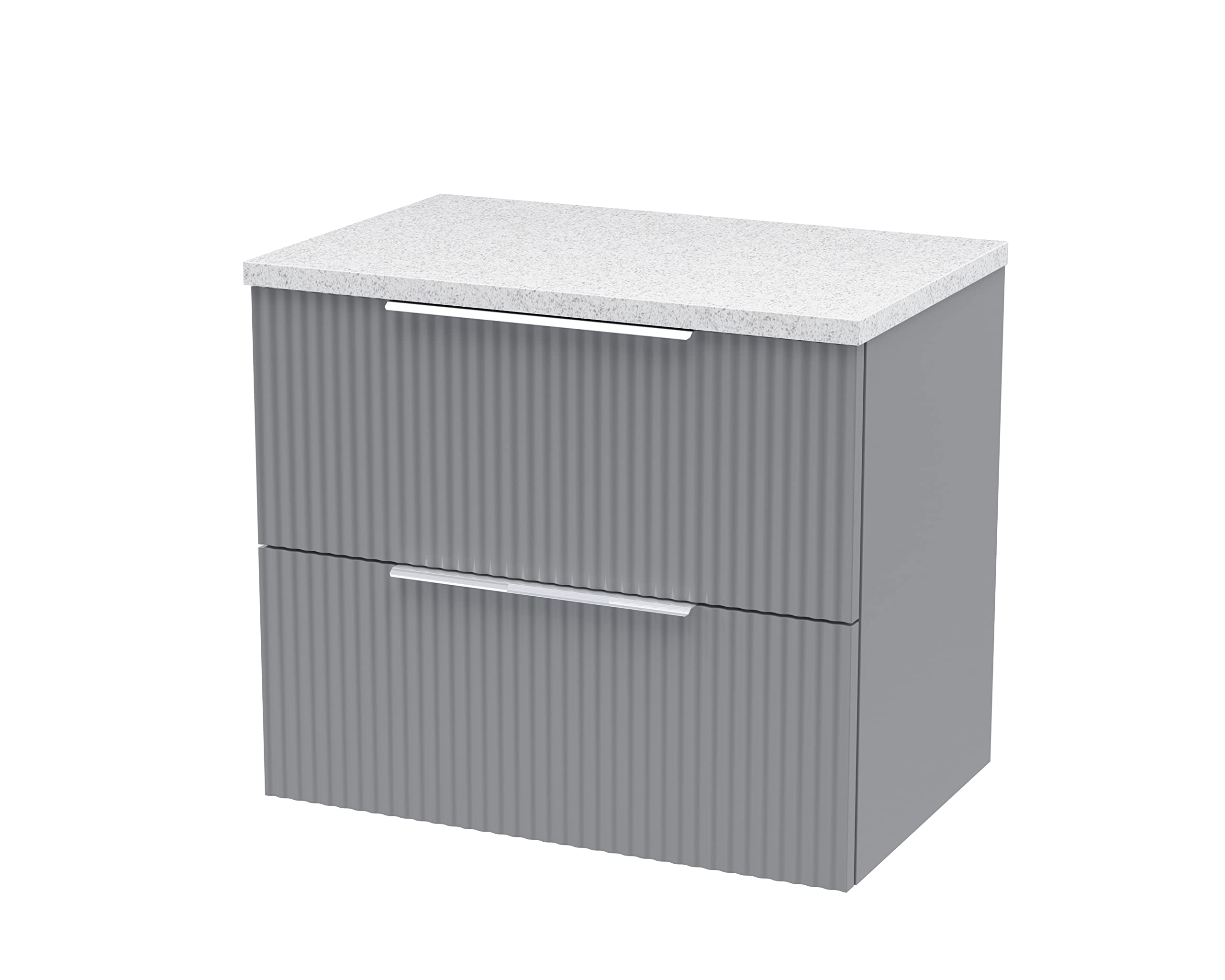 Hudson Reed DFF293LSW Fluted Modern Bathroom Wall Hung 2 Drawer Vanity Unit with Sparkle White Laminate Worktop, 600mm, Satin Grey