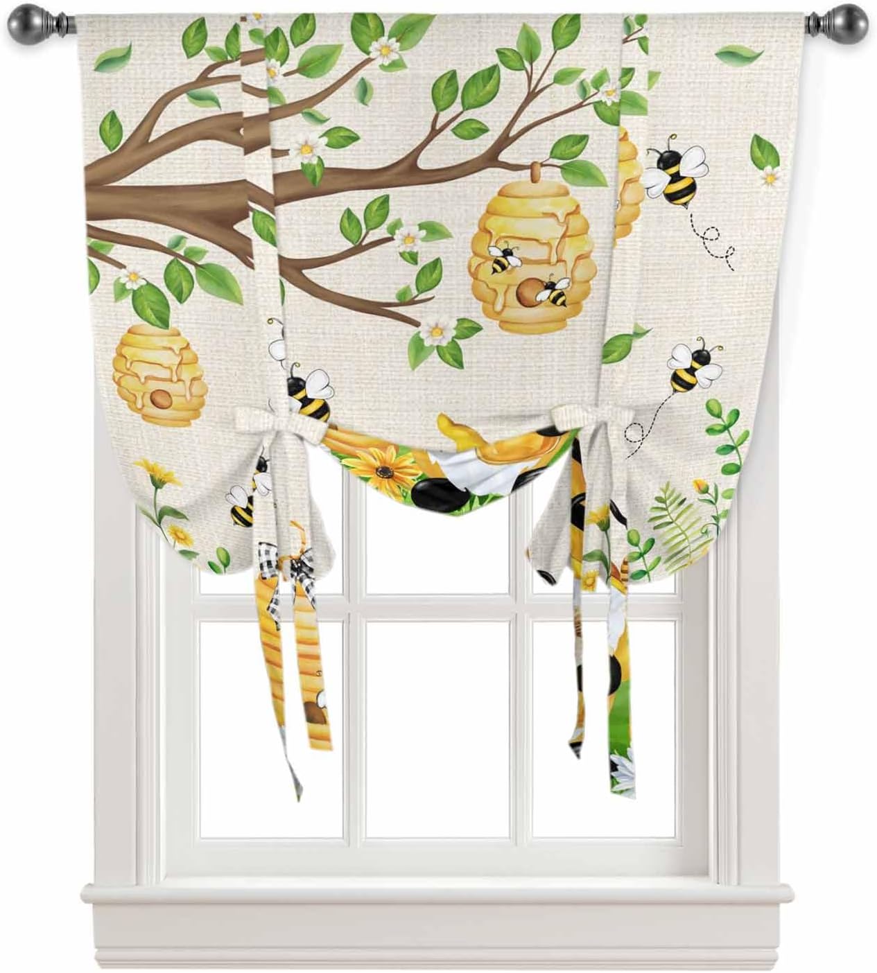 Tie Up Curtains for Windows 52 Wide Tie Up Curtains Polyester Tie Up Valance Watercolor Dwarf Sunflowers Tree Wood Grain White Balloon Window Shade Curtains for Kitchen Bathroom Small Windows 52"x63"